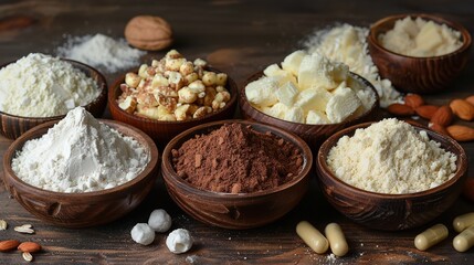 Fototapeta premium A close-up image of various types of flour in small bowls on a wooden surface