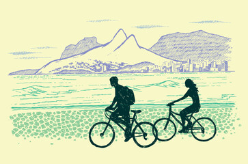 Obraz premium Vector illustration of cyclists silhouette with coastal cityscape of Rio de Janeiro, Brazil in the background. Handcrafted stylized art.