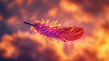 A feather of vibrant magenta floating gracefully amidst wisps of golden clouds illuminated by the last rays of sunlight, creating a stunning display of color against the evening sky.