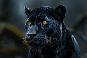 Black panther: A striking image of a black panther, showcasing its sleek, muscular form and piercing eyes, set against a dark, natural background to highlight its stealth and power. 