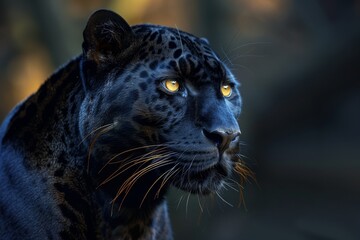 Black panther: A striking image of a black panther, showcasing its sleek, muscular form and piercing eyes, set against a dark, natural background to highlight its stealth and power. 