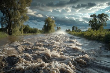 A swollen river with murky, turbulent waters floods its banks, overwhelming the surrounding landscape and trees in a dramatic display of flood's power and chaos.






