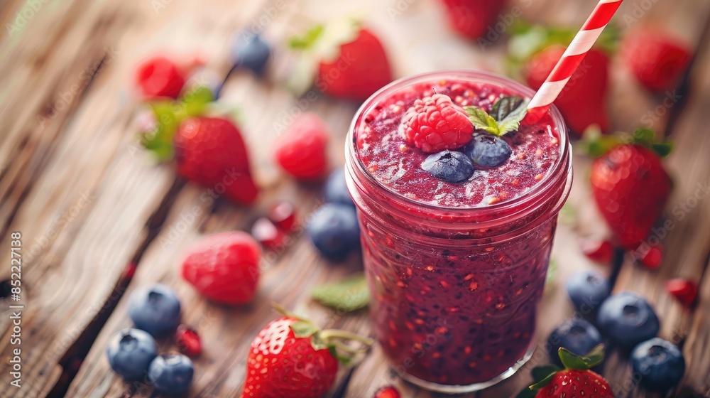 Sticker detox by sipping juice with a straw made from strawberries blueberries pomegranate and raspberries