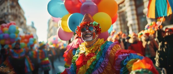 Joyful Participants in Colorful Costumes Marching in Thanksgiving Parade

