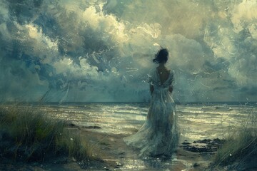 Obraz premium Philosophical illustration of a young girl who drowned in the sea. Her spirit stands on the shore of a stormy sea and looks at the waves