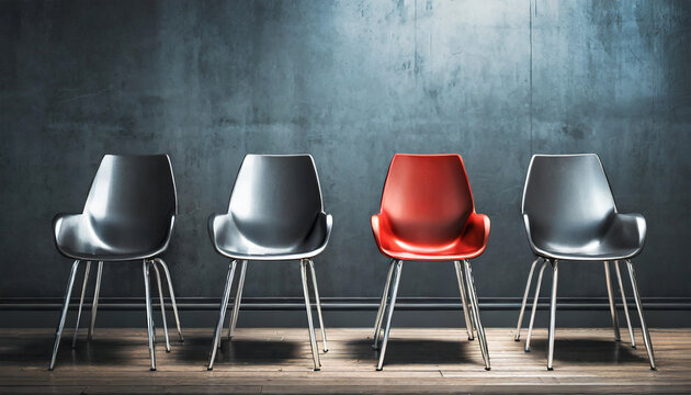 row of sleek, modern metal chairs with one distinctive chair standing out, symbolizing unique job opportunities, business leadership, and recruitment