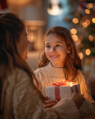 Happy Daughter Giving Christmas Present to Smiling Mother

