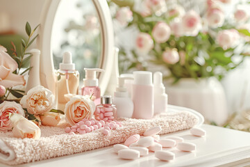 A luxurious beauty setup features an elegant vanity adorned with roses background