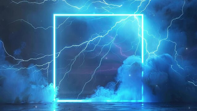 Abstract blue lightning square frame on a dark background. Glowing neon frames with bright electric lighting effects. Lightning frames. Abstract background. 4K Videos