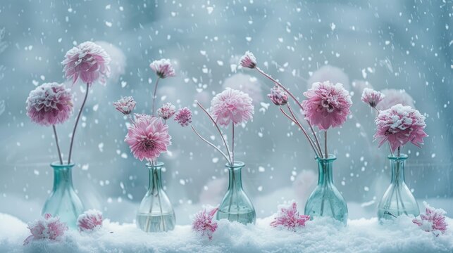 Pink flowers in window vases drying outside in snow