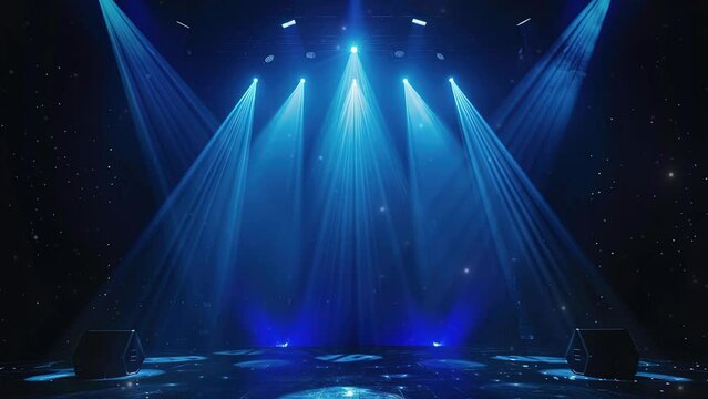 Bright shiny stage lights flashing. Colorful blue stage lights. Luxury stage with blue spotlights for theater performances or exhibition events. Blue neon spotlights and white laser holograms spins