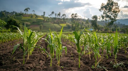 View of corn plants in a natural setting in a village agricultural field