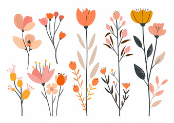 Cute Mini Abstract Flowers and Leaves Clip Art Set for Graphic Resources. Vector Illustration Design. Minimal Botanical Art. Vibrant Colors. Cute Isolated on White Background.