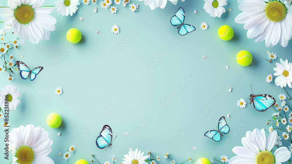 Wall mural Tennis ball with pretty flowers and beautiful swallowtail butterfly, copy Blue banner background with space,Generative AI. - Wall murals