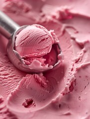 A picture of an ice cream scoop holding strawberry ice cream, a creamy recipe that tastes like summer