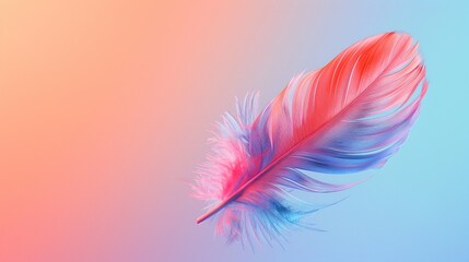 A colorful bird feather gracefully floats through the air a soft gradient background. Aesthetic design. Generative AI