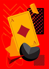 Poker Playing Card with geometrical graphic retro theme background. Minimal geometric elements. Vintage abstract shapes vector illustration.