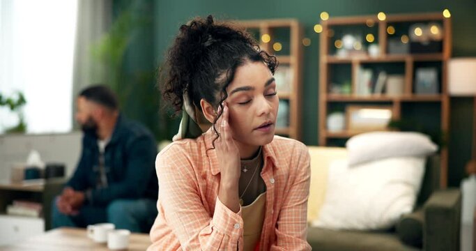 Divorce, couple or woman on sofa for stress headache, fight or overthinking mistake or husband liar in house. Conflict, argue or frustrated girl ignore man in living room for marriage, doubt or blame