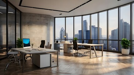 Modern office interior with workplace near panoramic window. Mock up wall.