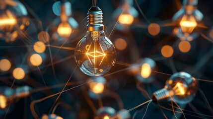 Illuminated Light Bulbs with Network Concept, Generative AI