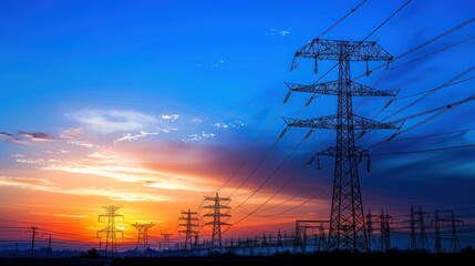 Silhouettes of Power Lines Against a Vibrant Sunset