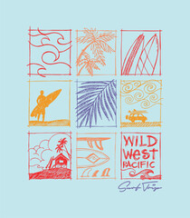 Hand-drawn vector illustration of summer and surfing elements. Art in stripped-down lines.​