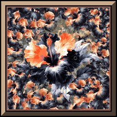 Fabric pattern featuring tree embraces, hibiscus flowers, black and orange hibiscus, orange, black, with orange and black borders