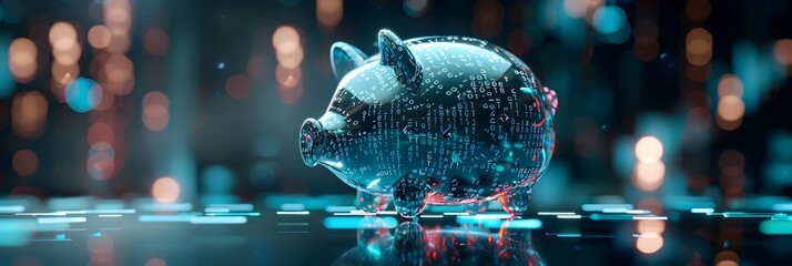 Digital Piggy Bank Filling with Cryptocurrency Tokens in Futuristic Minimalist Render