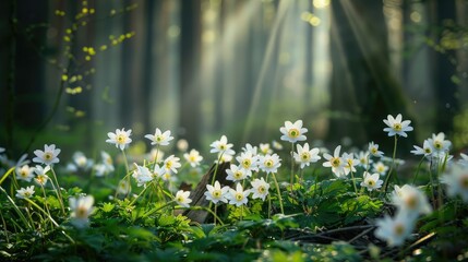 Anemones blooming in the spring forest