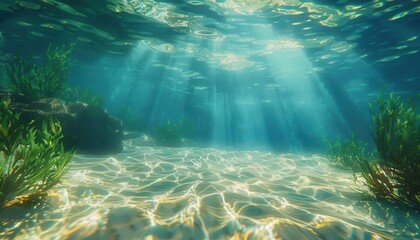 serene underwater scene with sunlight filtering through water and sandy bottom ai generated