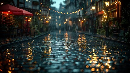 Obraz premium A low view of a cobblestone street in the rain with brightly colored lights reflected in the water. 