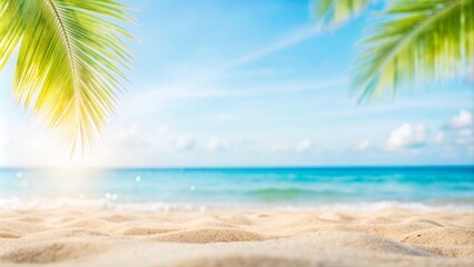 Beautiful wide paradise beach with golden sand and palm leaves in blur. Summer natur banner
