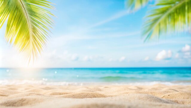 Beautiful wide paradise beach with golden sand and palm leaves in blur. Summer natur banner
