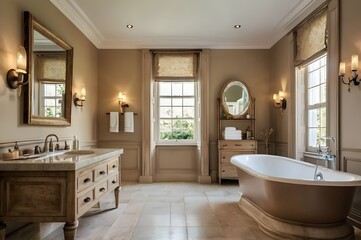 Fototapeta premium Beige bathroom interior with tub.