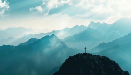 silhouette of christian cross on majestic mountain landscape spiritual background with copy space