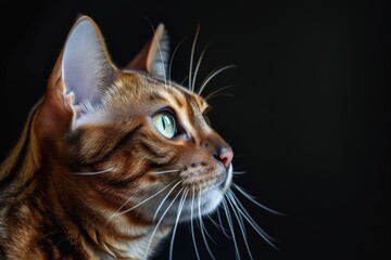 Obraz premium Mystic portrait of Bengal cat, copy space on right side, Headshot, Close-up View isolated on black background