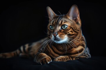 Obraz premium Mystic portrait of Bengal cat, full body view, full body shot isolated on black background