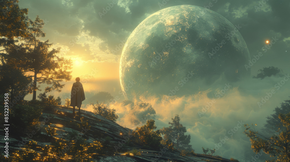 Canvas Prints man standing alone in forest with fictional planets background,illustration