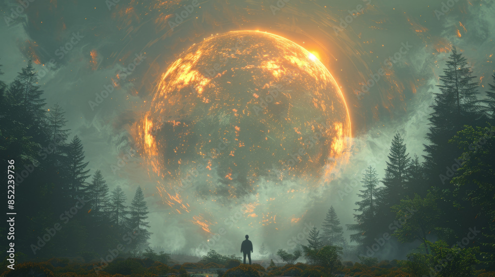 Canvas Prints man standing alone in forest with fictional planets background,illustration