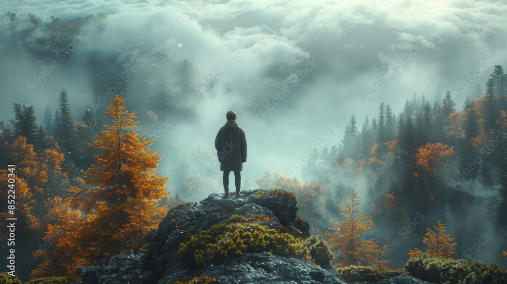 Canvas Prints man standing alone in forest with fictional planets background,illustration