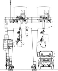 Gantry Grab Bucket Elevation and Section Details design silhouette vector illustration sketch for industry 