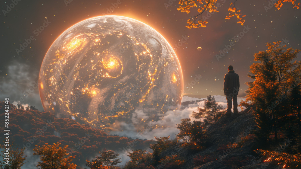 Canvas Prints man standing alone in forest with fictional planets background,illustration