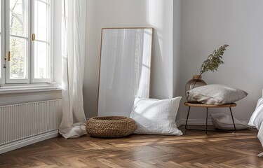 A white room with a large white framed picture on the wall and a white pillow on the floor