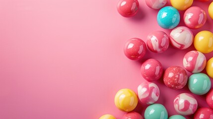 Variety of bubble gum on pink background with space for text