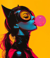 Grunge graffiti style portrait of a mischevious young woman cat burglar blowing a bubble of chewing gum. Vibrant color, distressed pop art style.