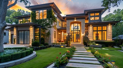 Elegant luxury home with a spacious open floor plan, high ceilings, and sophisticated interior decor, surrounded by a beautifully manicured garden