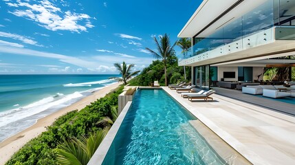 High-end beachfront property with direct ocean access, infinity pool, and stylish outdoor living spaces perfect for relaxation and entertaining