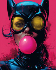 Fototapeta premium Grunge graffiti style portrait of a mischevious young woman cat burglar blowing a bubble of chewing gum. Vibrant color, distressed pop art style.