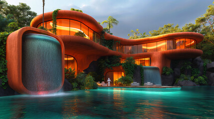 A modern and futuristic residential home with waterfalls, large swimming pool, glass window and white humanoid robot as the maid