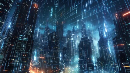 Cyberpunk Cityscape with Digital Overlay